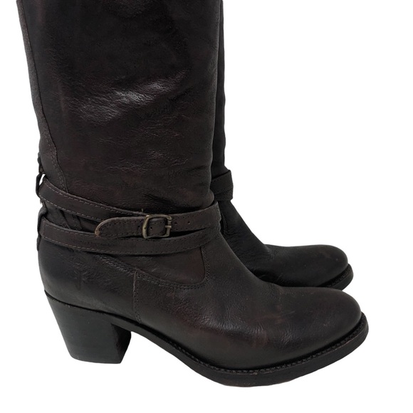 Frye Jane Chocolate Brown Tall Strappy Pull-On Chunky Heel Boots - Picture 7 of 11